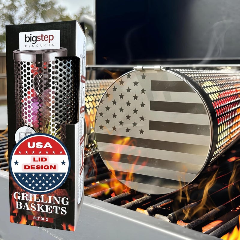 BigStep Large Capacity Round Grilling Baskets (2 Pcs) with Snap-Fit Latch - XL Grill Basket with USA Flag engraving - Includes Heat-Resistant Grilling Glove and Lifting Hook - Image 1
